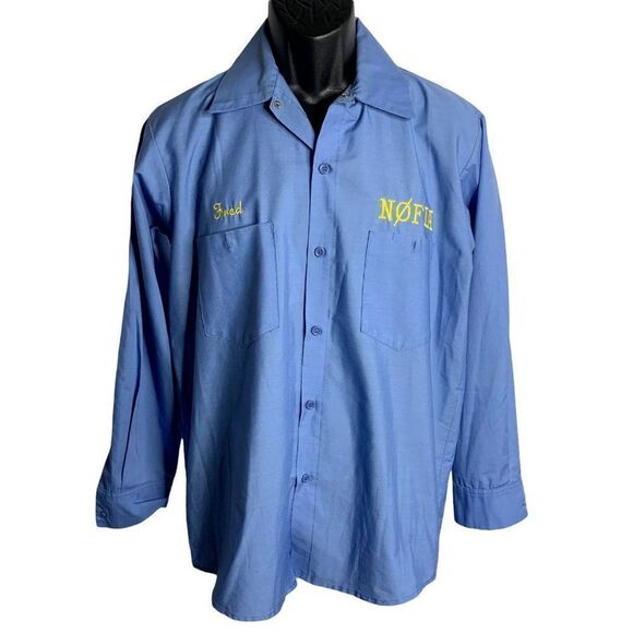 Vintage 70s Button Up Uniform Shirt M Blue El Jebel Radio Embroidered Pockets - Picture 4 of 9